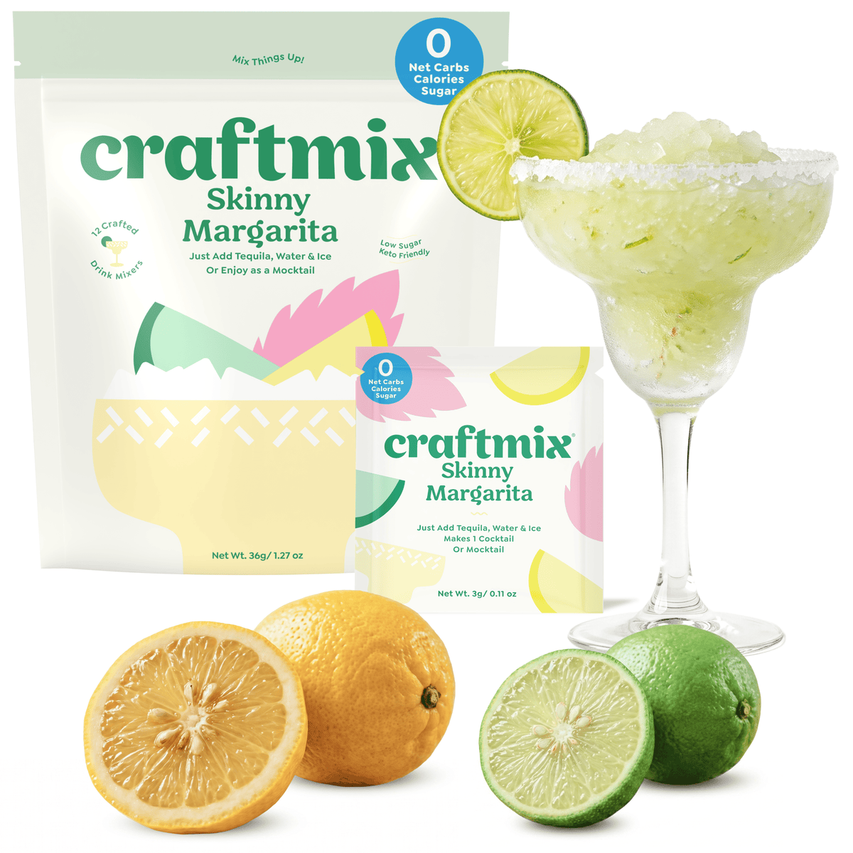 Craftmix Skinny Margarita cocktail mix 12-pack box with lime slices and a glass of prepared margarita, fresh and vibrant.