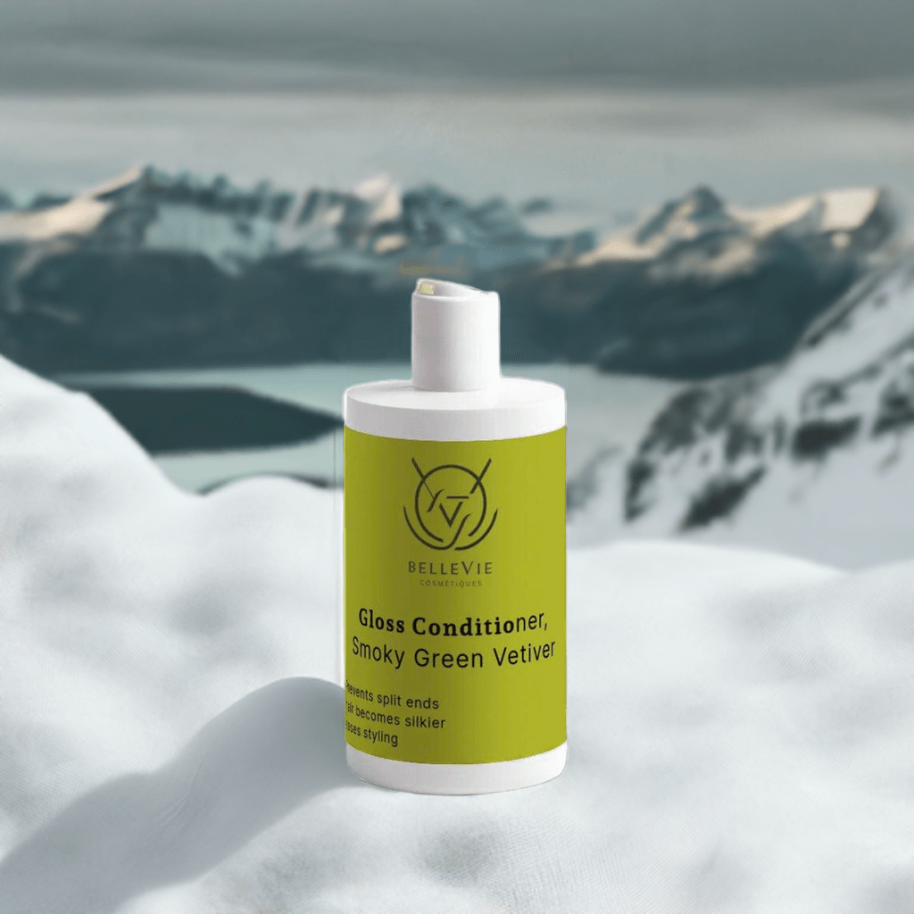 Gloss conditioner in smoky green vetiver scent by Belleviecosmetic, smooths hair, adds shine, and reduces split ends.