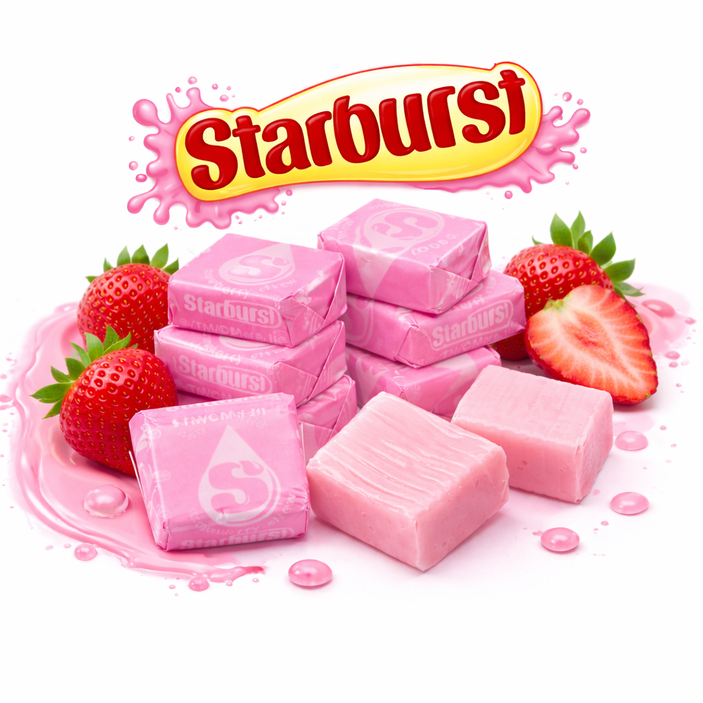 Starburst All Pink Fruit Chews candy from Candy In Bulk in a large value bag, showing vibrant pink chewy candies.
