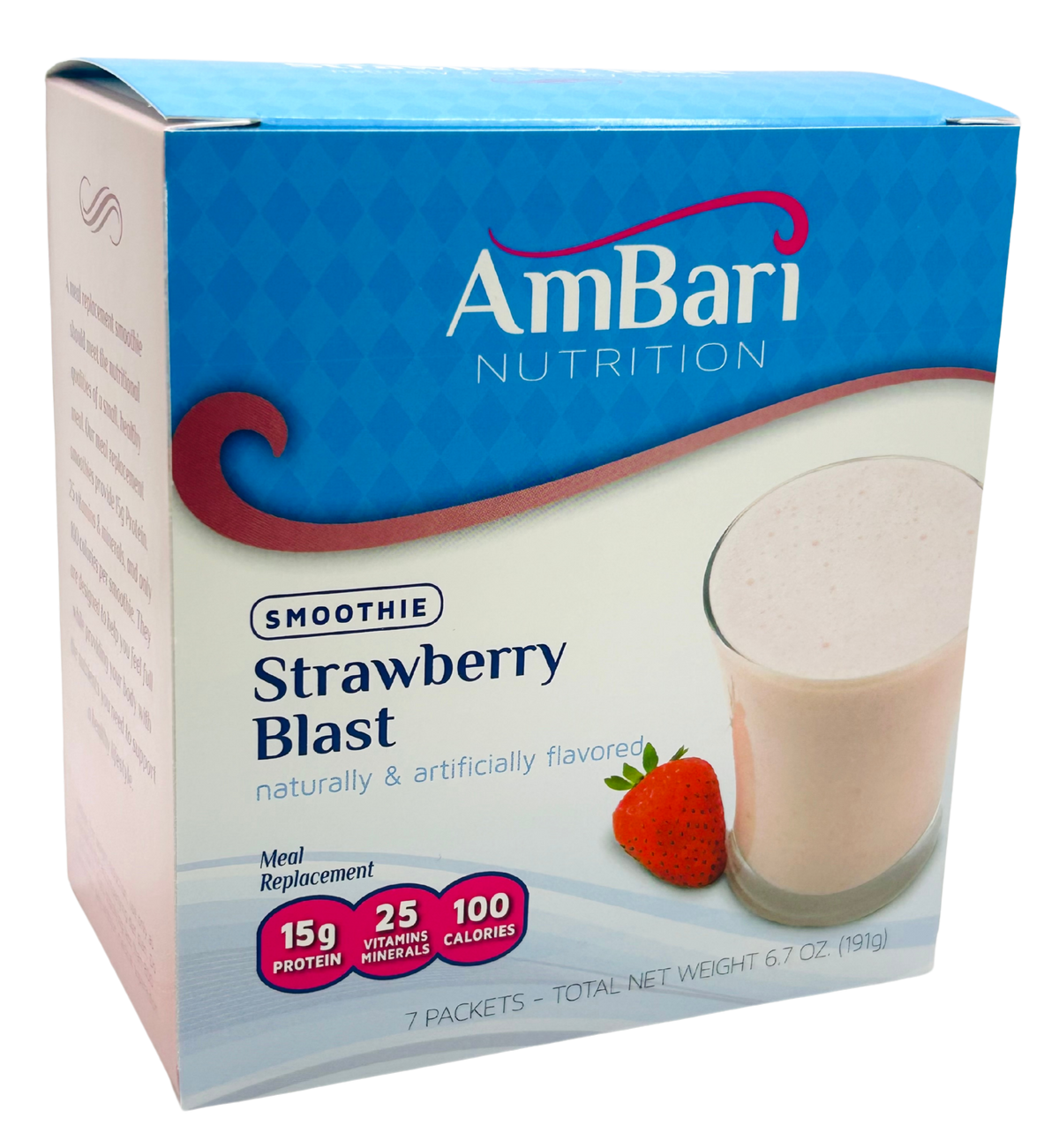 AmBari Nutrition Strawberry Blast smoothie shake in a glass with fresh strawberries and a creamy texture.