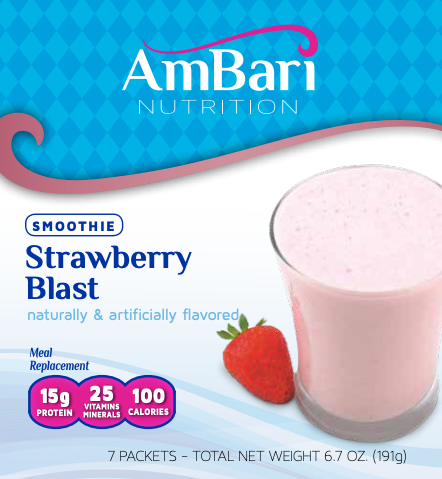 AmBari Nutrition Strawberry Blast smoothie shake in a glass, showcasing a vibrant pink strawberry flavor with fresh fruit garnish.