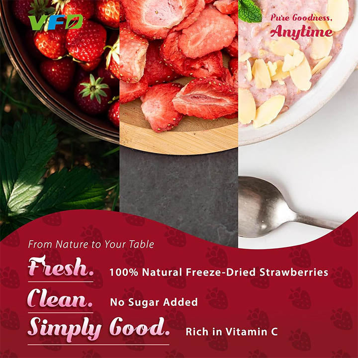 Freeze-dried strawberry slices from VFD.US, perfect for baking and smoothies, showing vibrant red fruit slices on a white background.