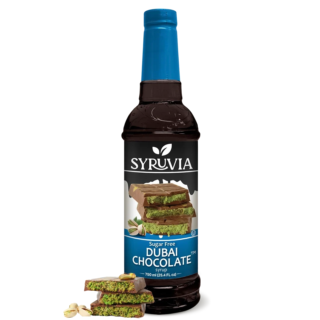 Sugar-Free Dubai Chocolate Syrup by Syruvia, showing a bottle of rich, dark chocolate syrup with a smooth texture.