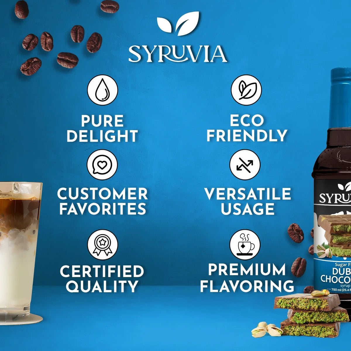 Sugar-Free Dubai Chocolate Syrup by Syruvia, showcasing a bottle of premium chocolate syrup with rich, dark color and smooth texture.