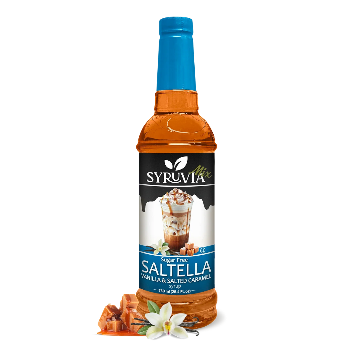 Bottle of Syruvia Sugar-Free SALTELLA Syrup Vanilla Salted Caramel with a label showing caramel flavor and sugar-free branding.