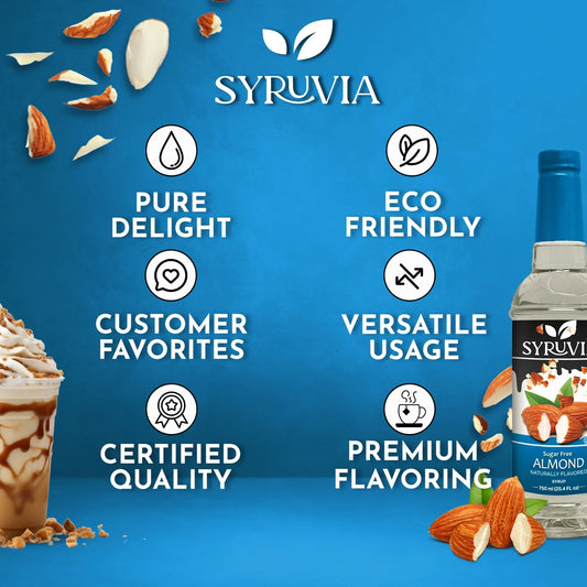 Bottle of Syruvia sugar-free almond syrup with a clear label, showing the premium flavoring for coffee and desserts.
