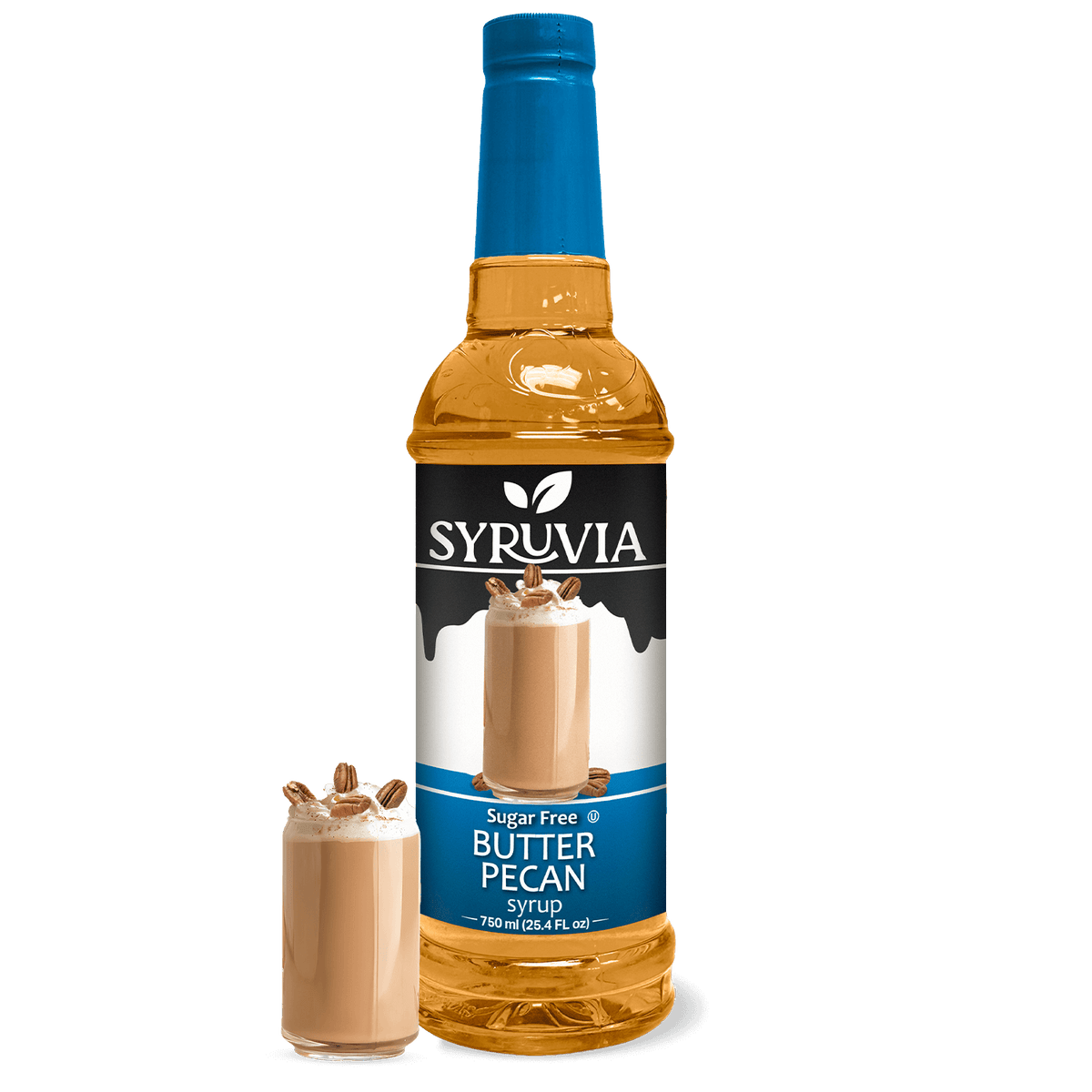 Sweet sugar-free butter pecan syrup from Syruvia, showing a clear bottle filled with rich, caramel-colored syrup.