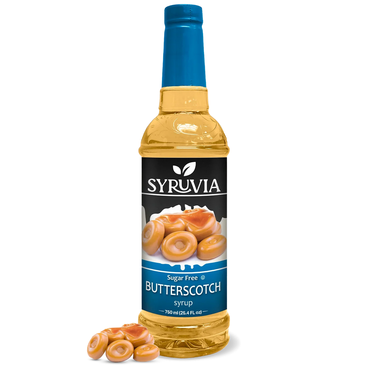 Sweet sugar-free butterscotch syrup in a clear glass bottle with a golden caramel color from Syruvia.