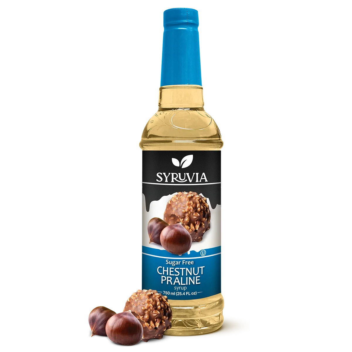 Bottle of Syruvia sugar-free chestnut praline syrup with a clear label and golden cap, suitable for flavoring coffee and desserts.
