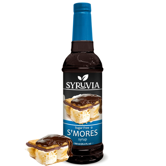 Bottle of Syruvia sugar-free s'mores syrup with a label showing marshmallows and chocolate flavor on a white background.