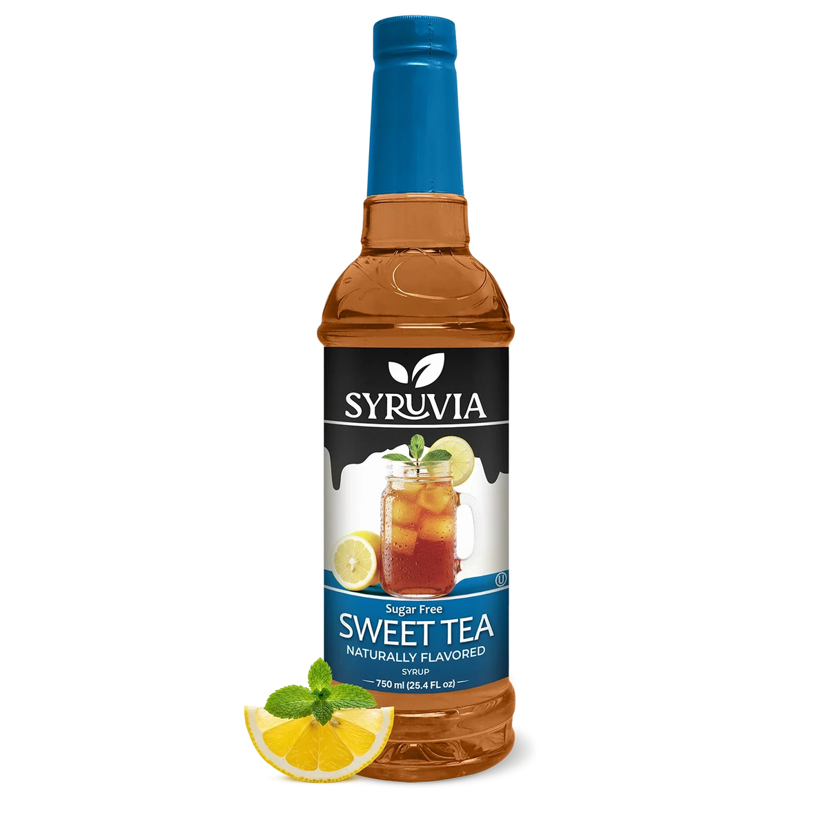 Bottle of Syruvia sugar-free sweet tea syrup, clear label and dark syrup inside, ideal for flavoring iced tea.
