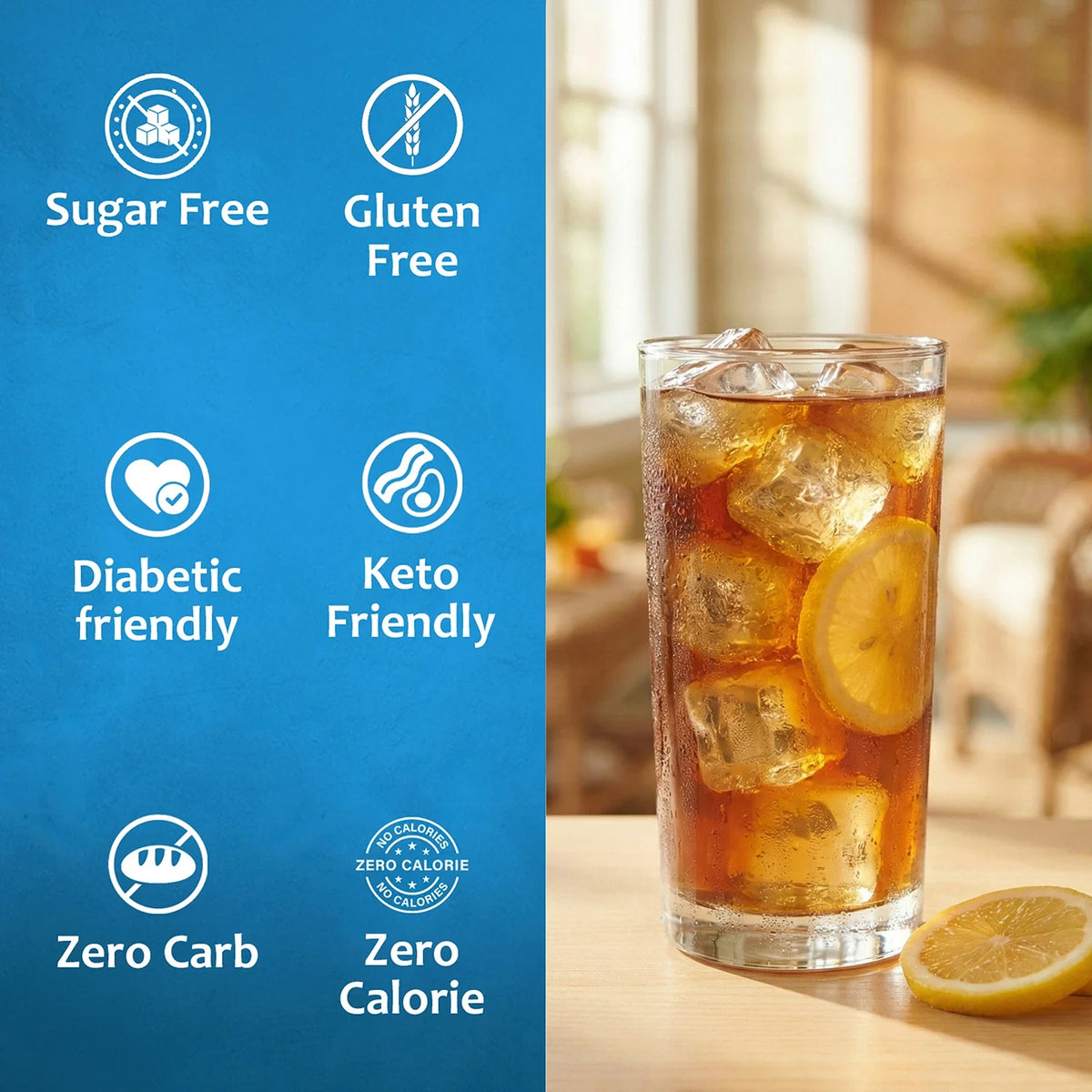 Bottle of Syruvia sugar-free sweet tea syrup labeled diabetic-friendly, with a clear view of the syrup and product branding.