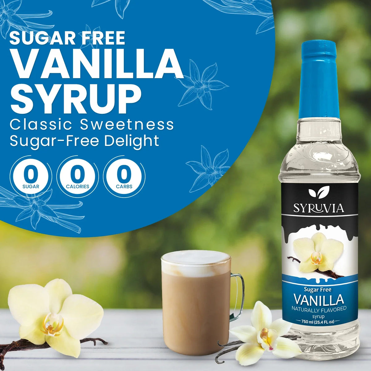 Bottle of Syruvia sugar-free vanilla coffee syrup showing the label and clear liquid inside.
