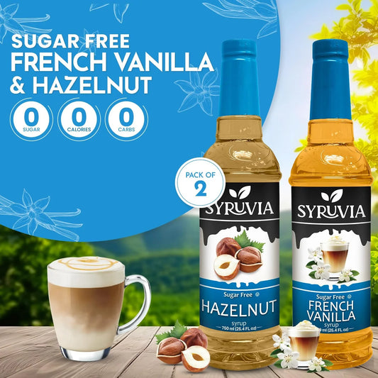 Sugar-free hazelnut and French vanilla coffee syrup bottles from SYRUVIA, with clear labels and colorful packaging.