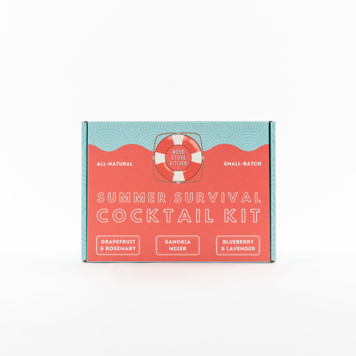 Wood Stove Kitchen Summer Survival Kit with grapefruit, rosemary, sangria, blueberry, and lavender cocktail and mocktail mixers in 16oz bottles.