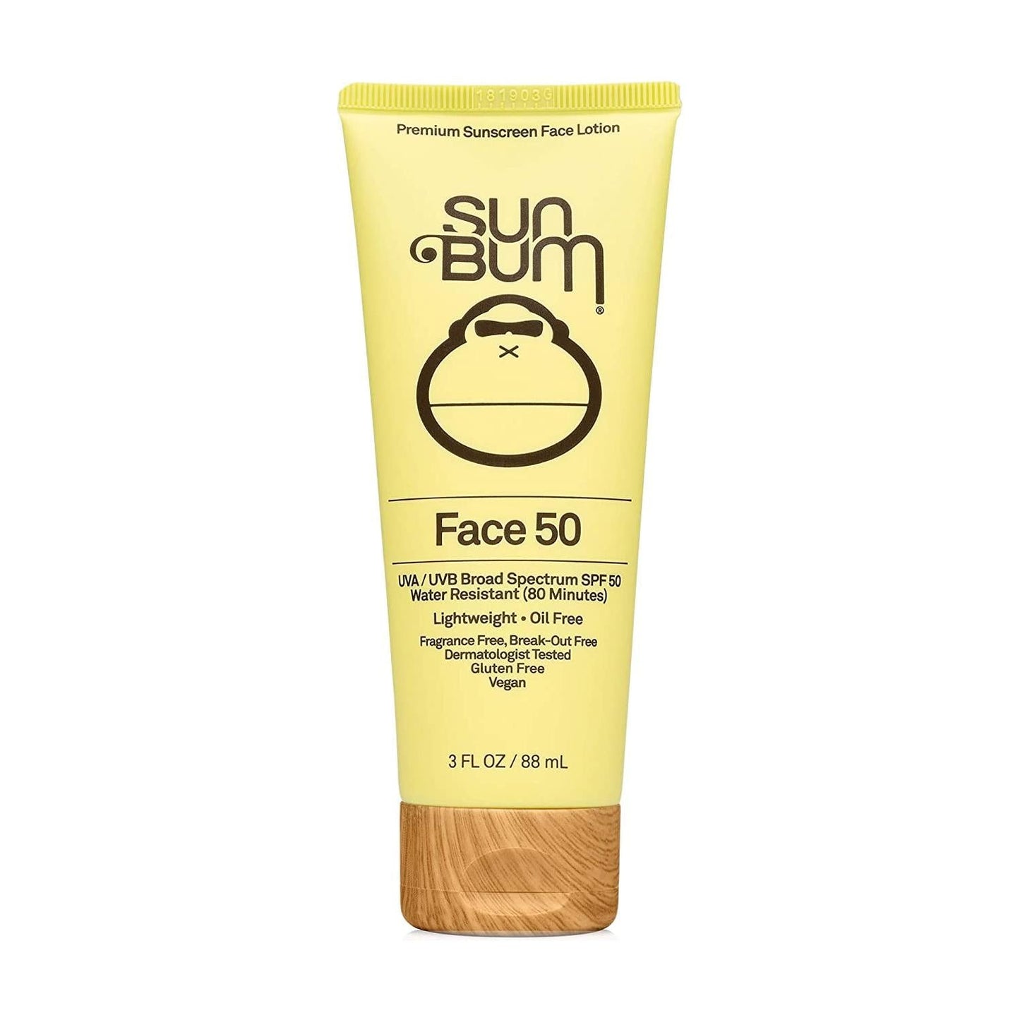 Sun Bum SPF50 face sunscreen lotion in 3oz tube, providing broad-spectrum sun protection for skin.