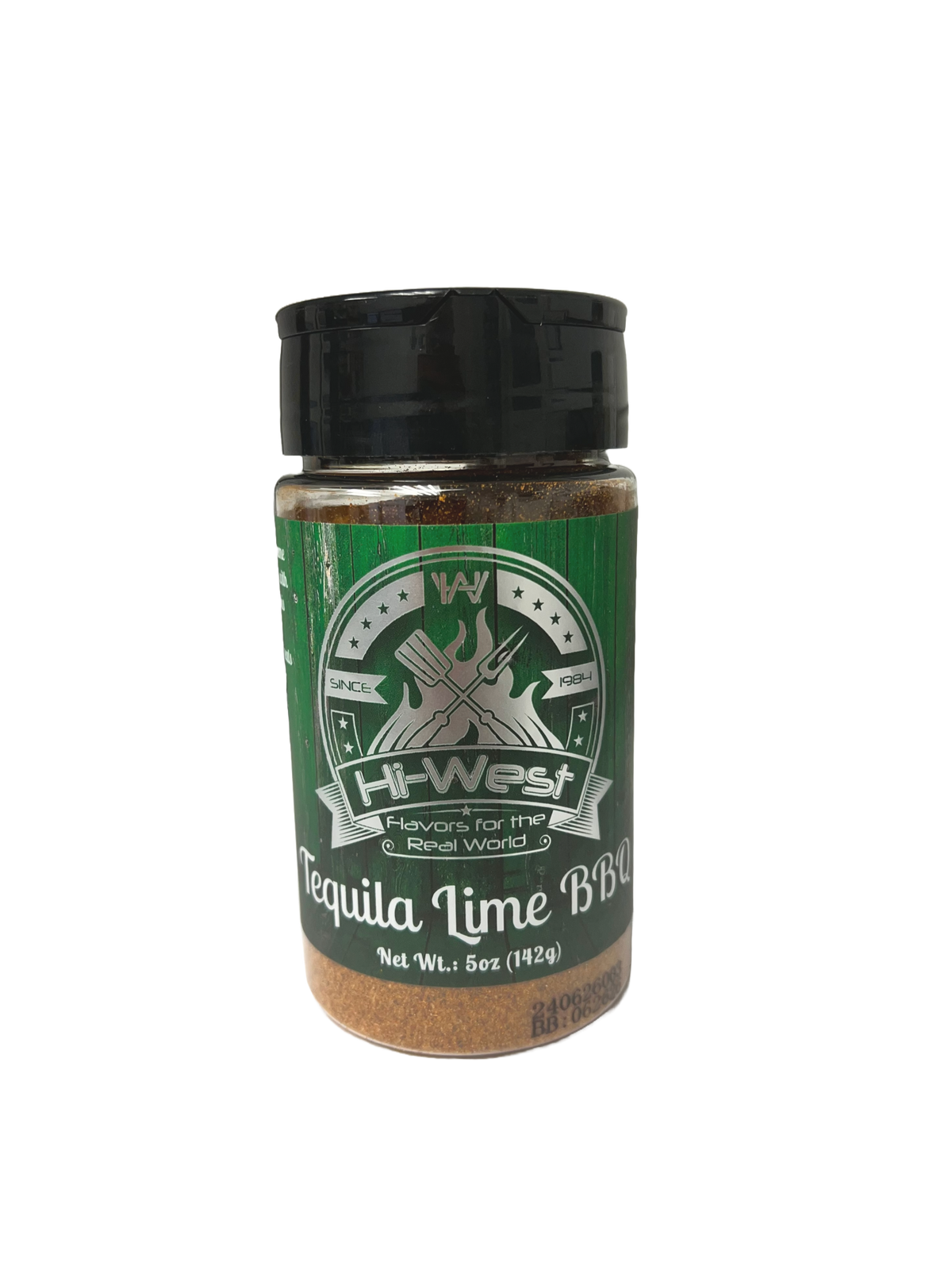 Hi-West Tequila Lime BBQ Seasoning jar showing colorful label with spices and herbs for grilling and marinating.