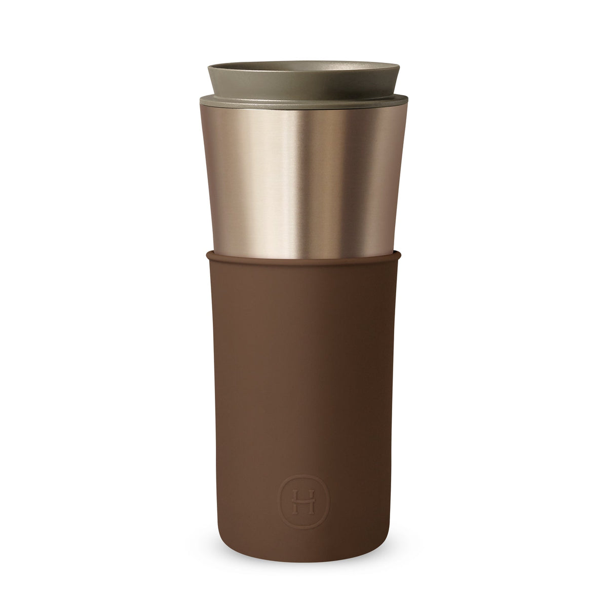 HYDY Metallic Fir Mocha 15 oz travel mug with a sleek metallic finish and ergonomic handle, designed for hot beverage on the go.
