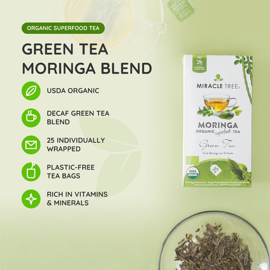 Organic Moringa Herbal Tea by Miracle Tree, green decaffeinated tea in a clear cup with fresh leaves and tea bag.