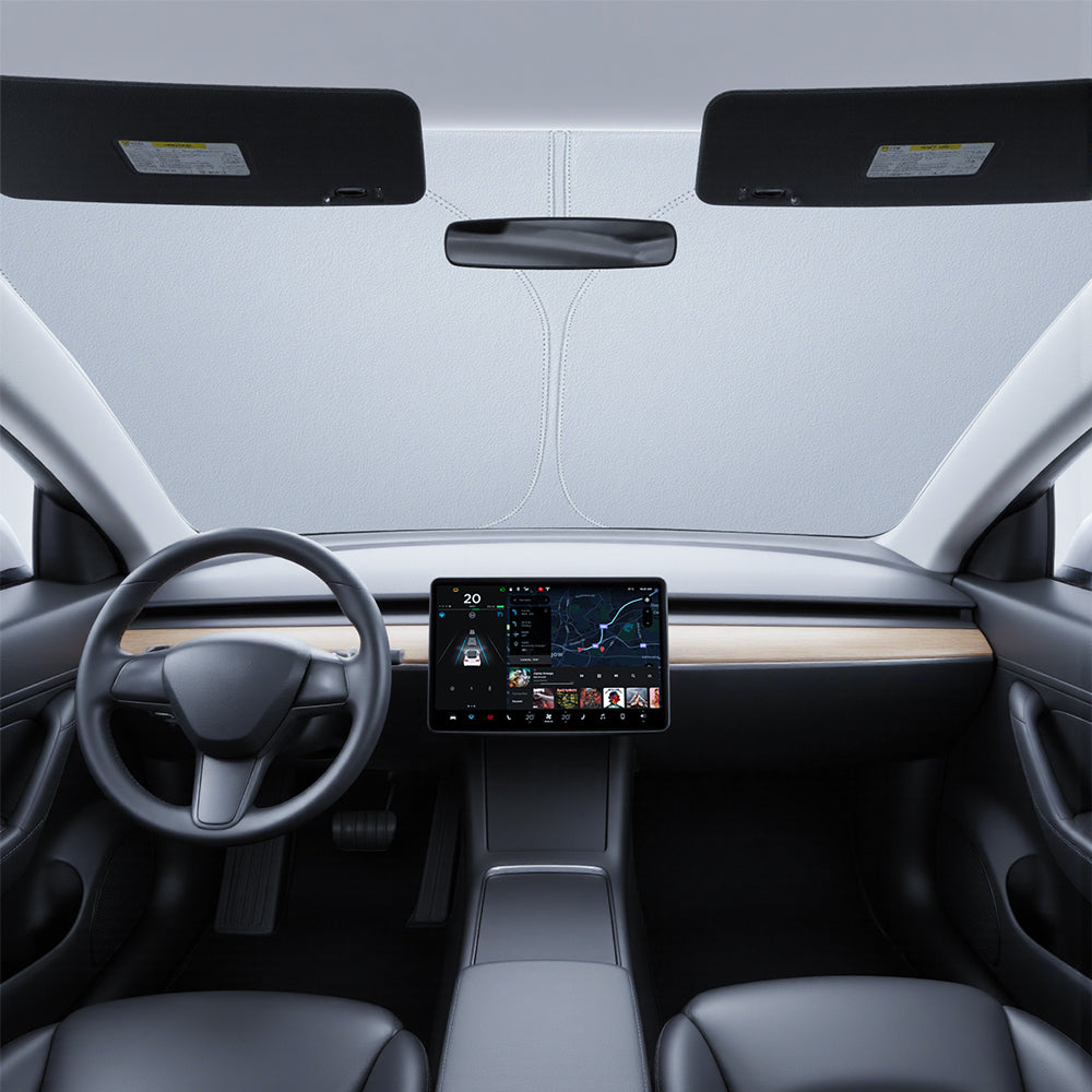 Graphene front windshield sunshade for Tesla Model 3 Highland and Model Y Juniper, blocking sunlight and reducing interior heat.