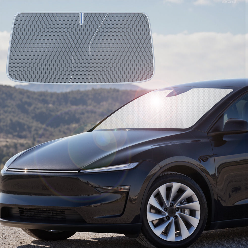 Graphene front windshield sunshade for Tesla Model 3 Highland and Model Y Juniper with reflective surface and custom fit.