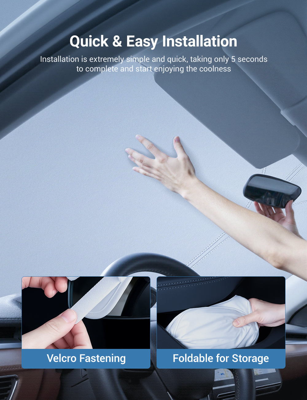Graphene front windshield sunshade for Tesla Model 3 Highland and Model Y Juniper, showing a sleek black sunshade in a car interior.