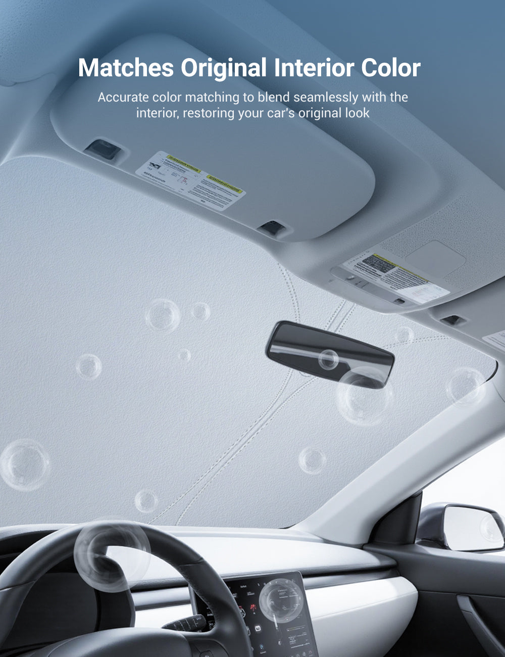 Graphene front windshield sunshade for Tesla Model 3 Highland and Model Y Juniper, providing UV protection and heat reduction.