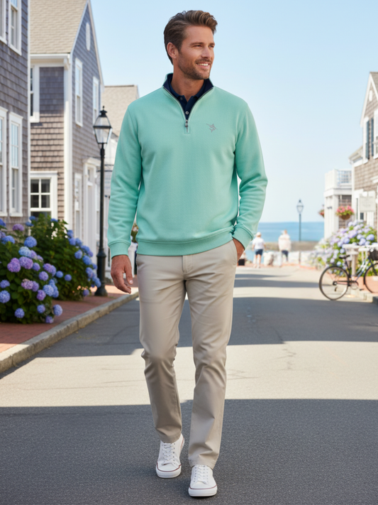 White Water Life Turnberry Aqua quarter zip knit top, smooth and stylish, shown in a lifestyle setting.