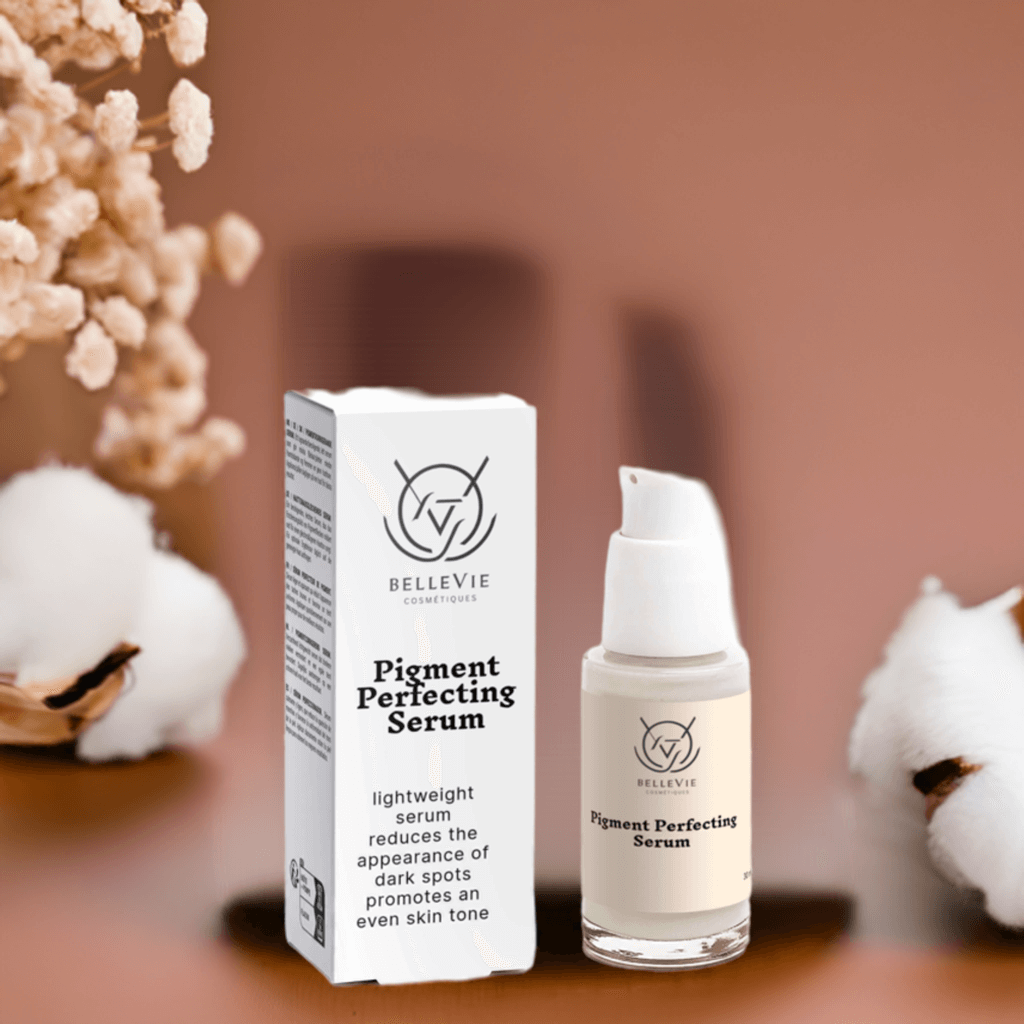BelleVie Cosmétiques Pigment Perfecting Brightening Serum 30ml, with active ingredients targeting dark spots and uneven skin tone.