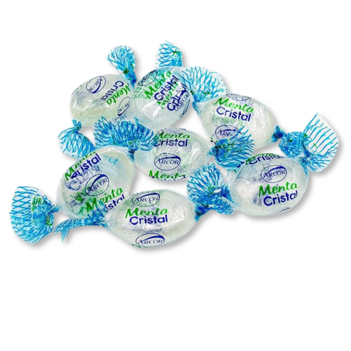 Assorted Arcor Cristal Mint hard candies in a bulk value bag, showing clear mint-flavored candies with a shiny, transparent appearance.