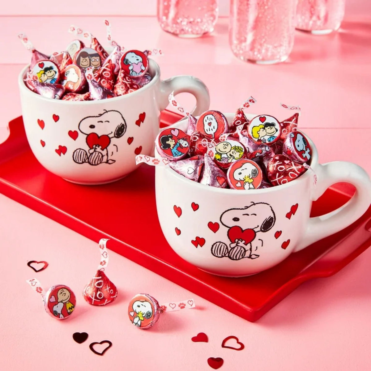 Hershey’s Kisses Milk Chocolate Snoopy Valentine’s Edition bulk candy bag from Candy In Bulk, featuring chocolate kisses with Snoopy images.