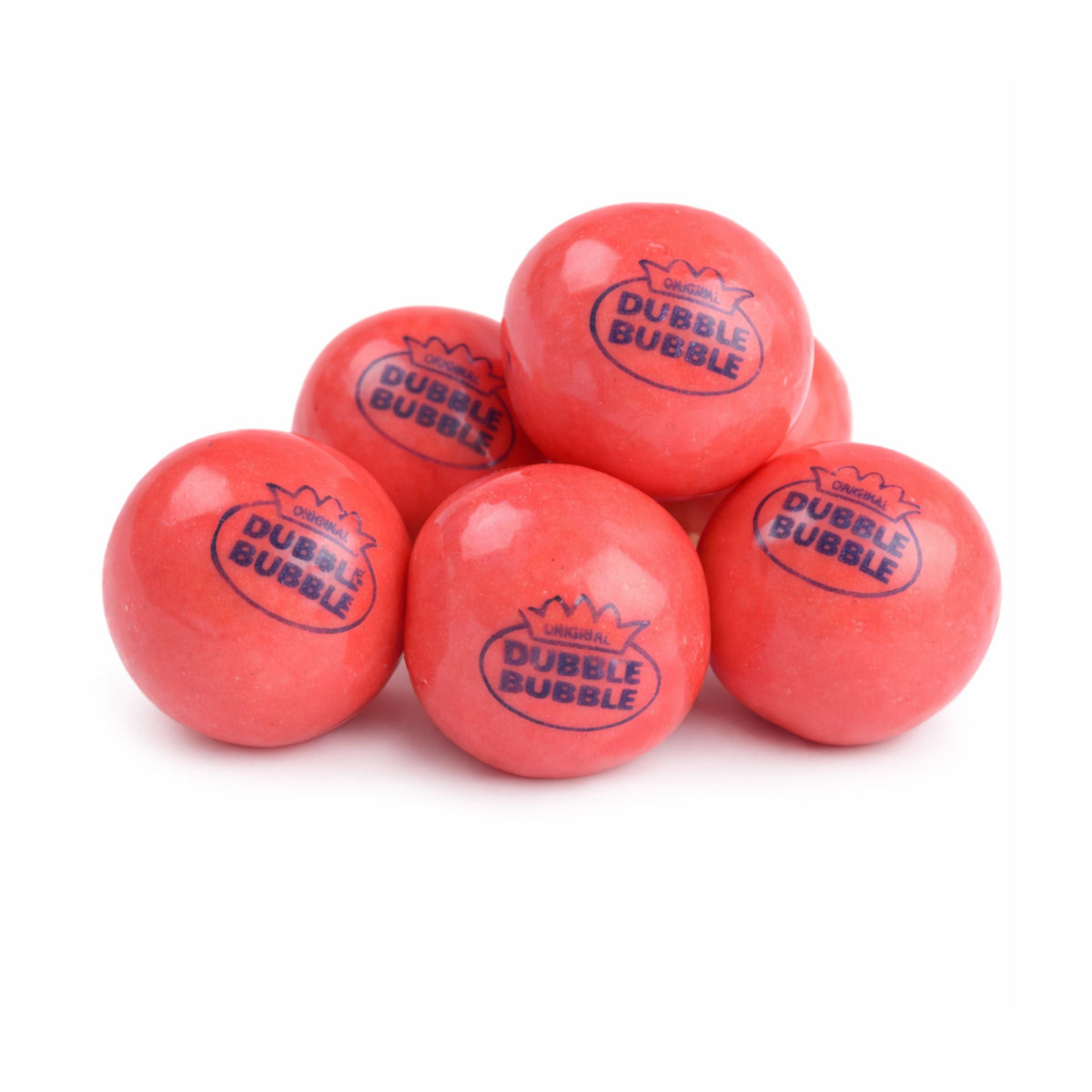 Pink Dubble Bubble gum balls from Candy In Bulk in a large value bag, showing round, pink bubble gum candies.