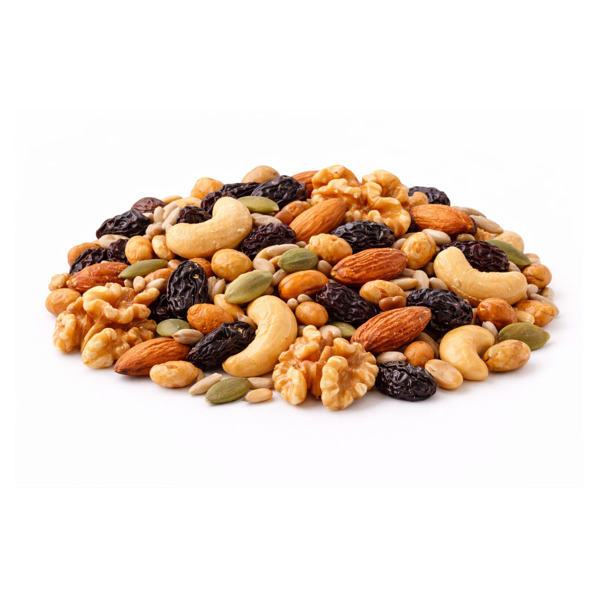 Mixed raisin, nut, and dried fruit snack in a bulk Candy In Bulk bag, showcasing a colorful assortment of nuts and dried fruits.