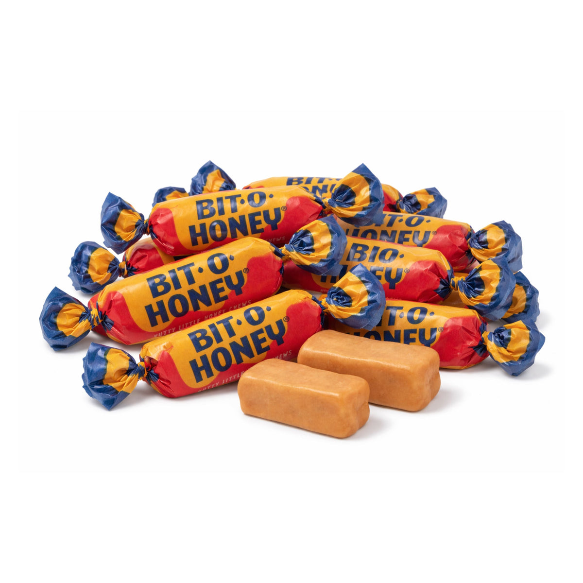 Bulk Bit-O-Honey taffy candy from Candy In Bulk, showing a colorful assortment of chewy caramel and honey-flavored taffy pieces.