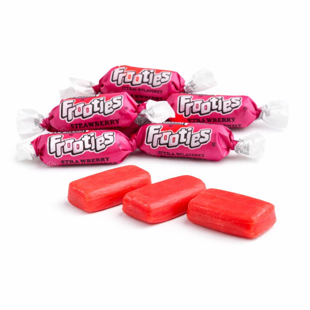 Chewy Tootsie Frooties Strawberry candy from Candy In Bulk in a large value bag, showing bright red, fruit-flavored candy pieces.