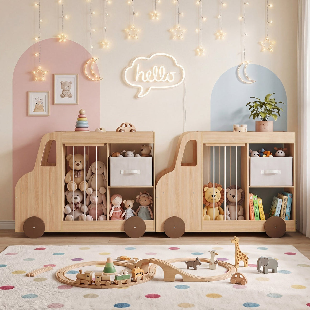 Kids toy storage organizer with wheels and a stuffed animal bin, made by GBruno Store, featuring multiple compartments for easy organization.