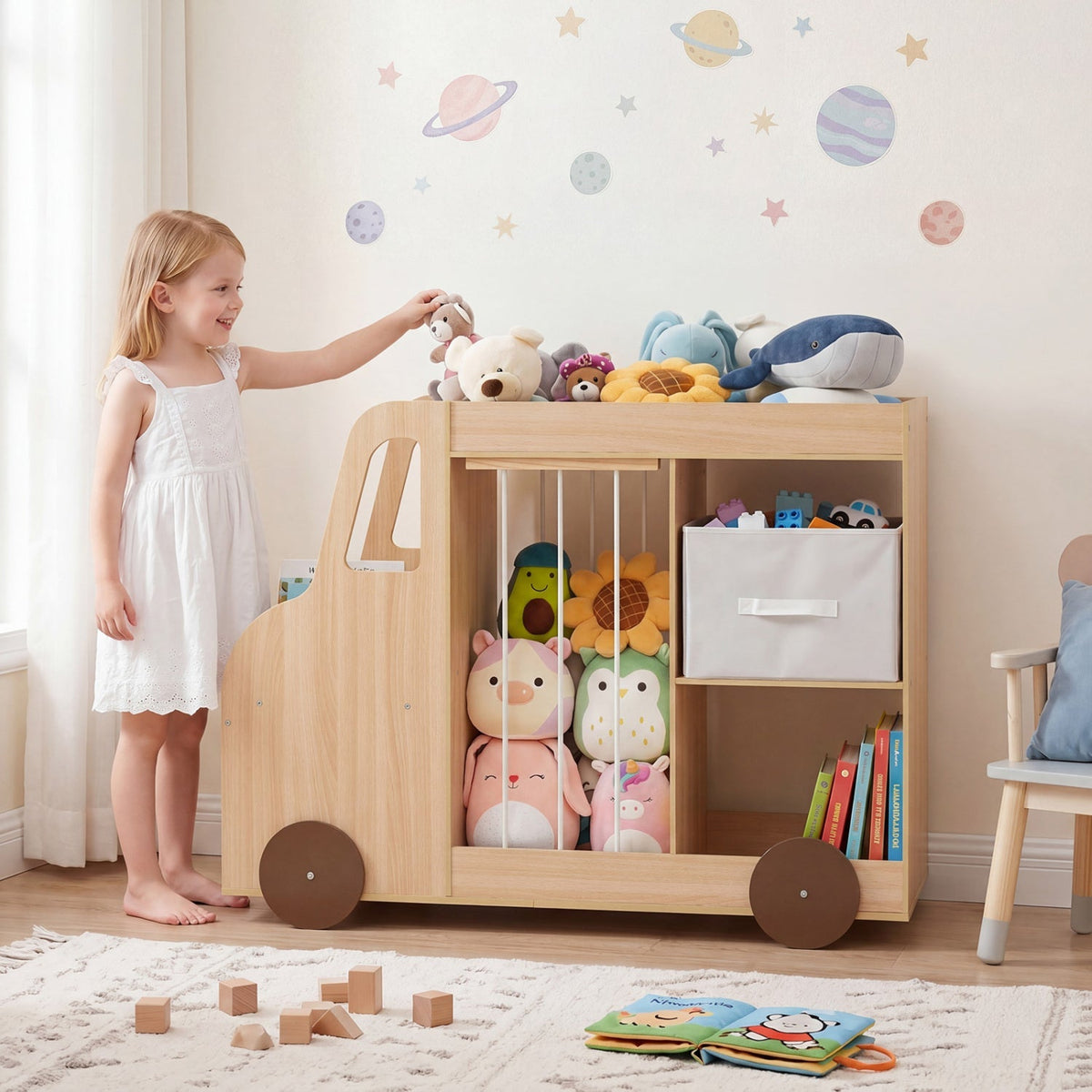 Kids toy storage organizer with wheels from GBruno Store, featuring a stuffed animal bin and multiple compartments for easy organization.