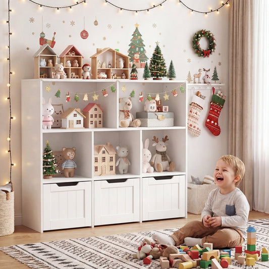Kids storage organizer with three drawers and five cubbies, made by GBruno Store for toy and clothing organization.