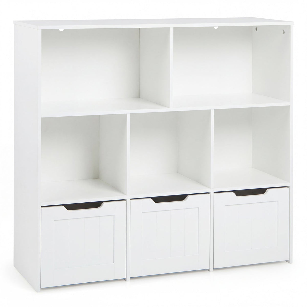 Kids storage organizer with three drawers and five cubbies, featuring colorful toy and clothing storage compartments.