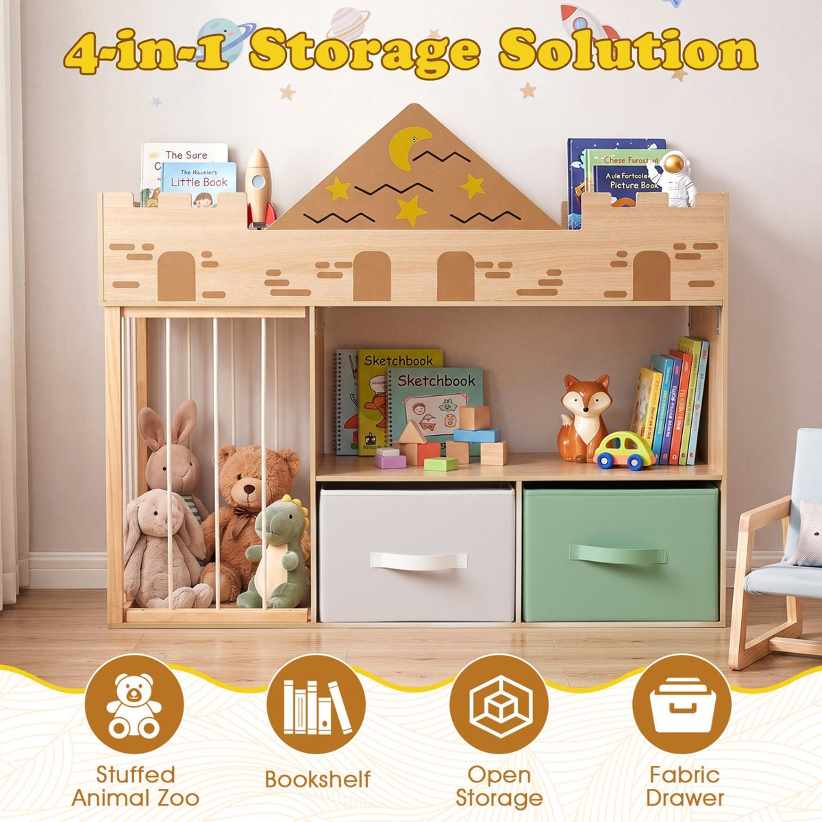 Kids toy storage organizer from GBruno Store with a stuffed animal holder, featuring colorful compartments for easy toy organization.