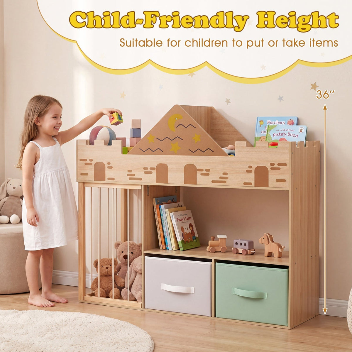 Kids toy storage organizer with stuffed animal holder from GBruno Store, featuring colorful fabric compartments and plush toy pockets.