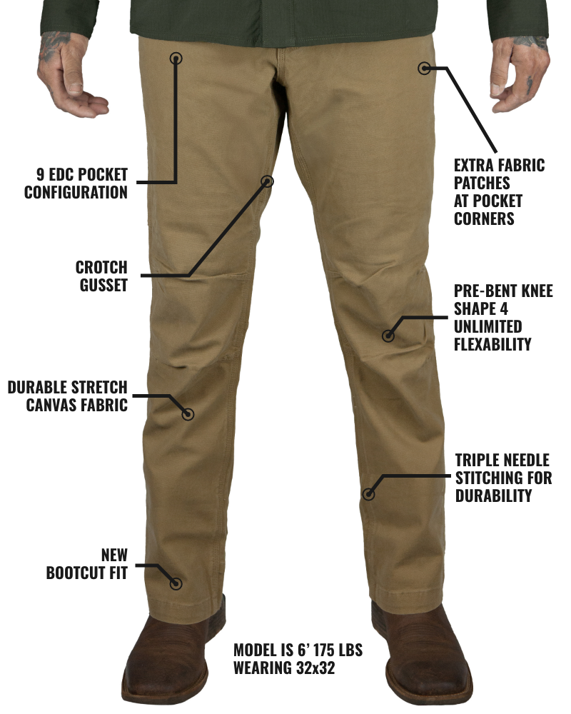 Off The Grid Surplus Trailblazer Boot Cut Pants in coyote color, showing the durable fabric and classic fit on a model.