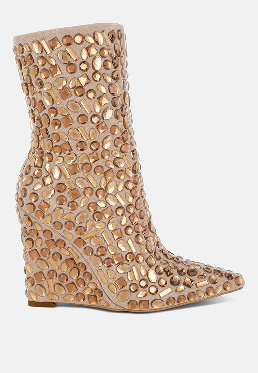 Beige Trend Titan Diamante Slim Wedge Heel Boots by London Rag, showing sleek ankle boots with diamanté details and wedge heel.