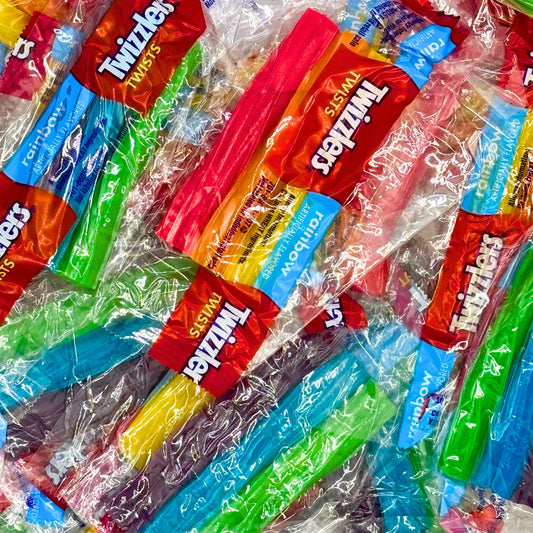 Colorful Twizzlers Rainbow Twists licorice in an individually wrapped bulk value bag by Candy In Bulk.