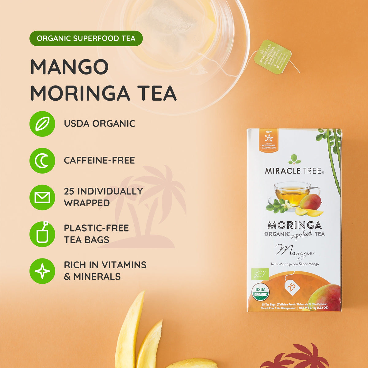 Organic Moringa Mango Herbal Tea by Miracle Tree, caffeine-free herbal tea with fresh mango flavor and vibrant tea leaves.