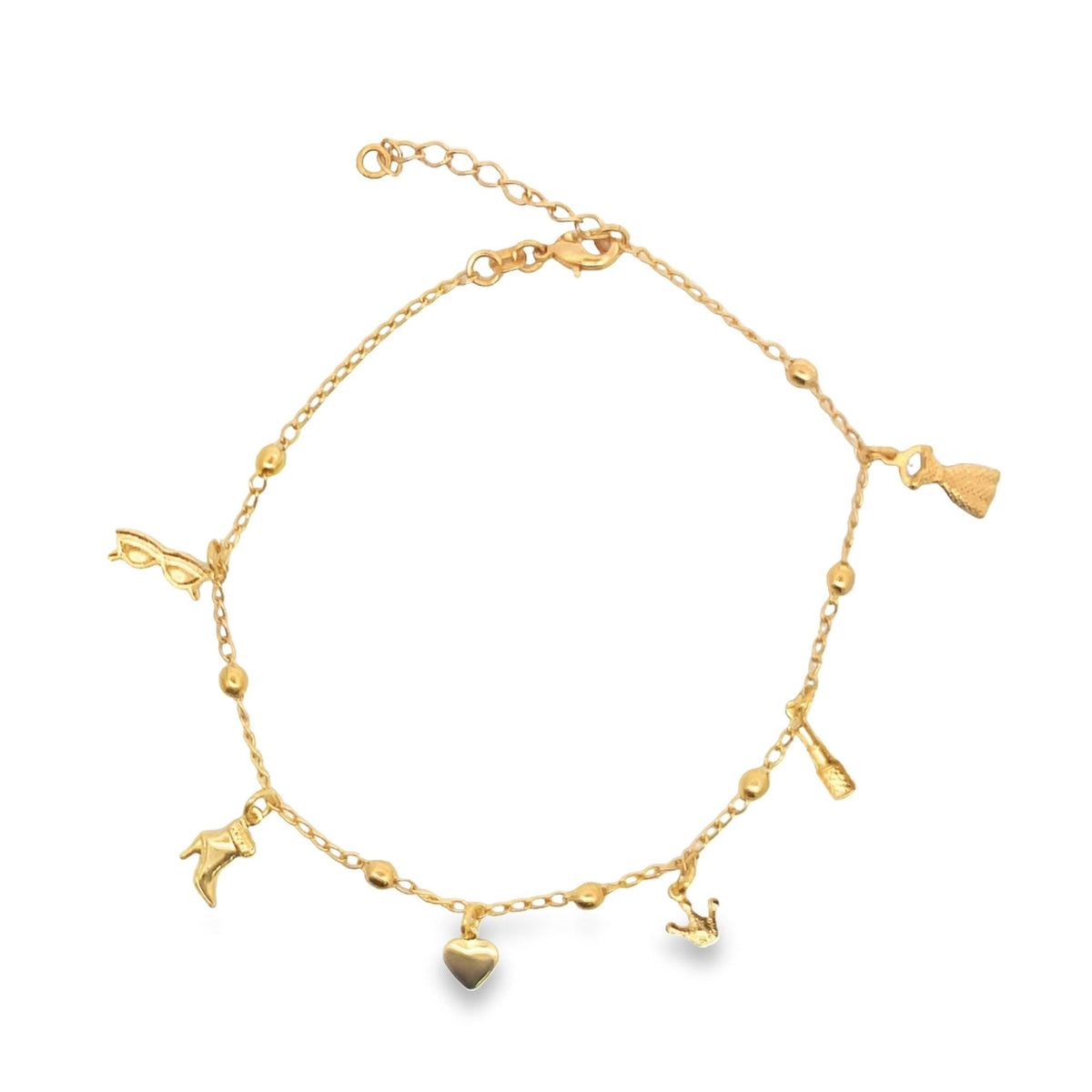 MIA Jewelry woman anklet featuring lipstick, dress, and high heels charms on a delicate chain.