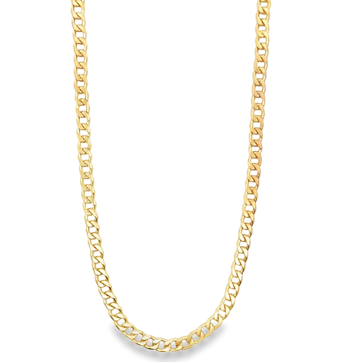 Shiny 4mm Cuban link chain from MIA Jewelry, close-up of a sleek, silver-toned chain with interlocking oval links.