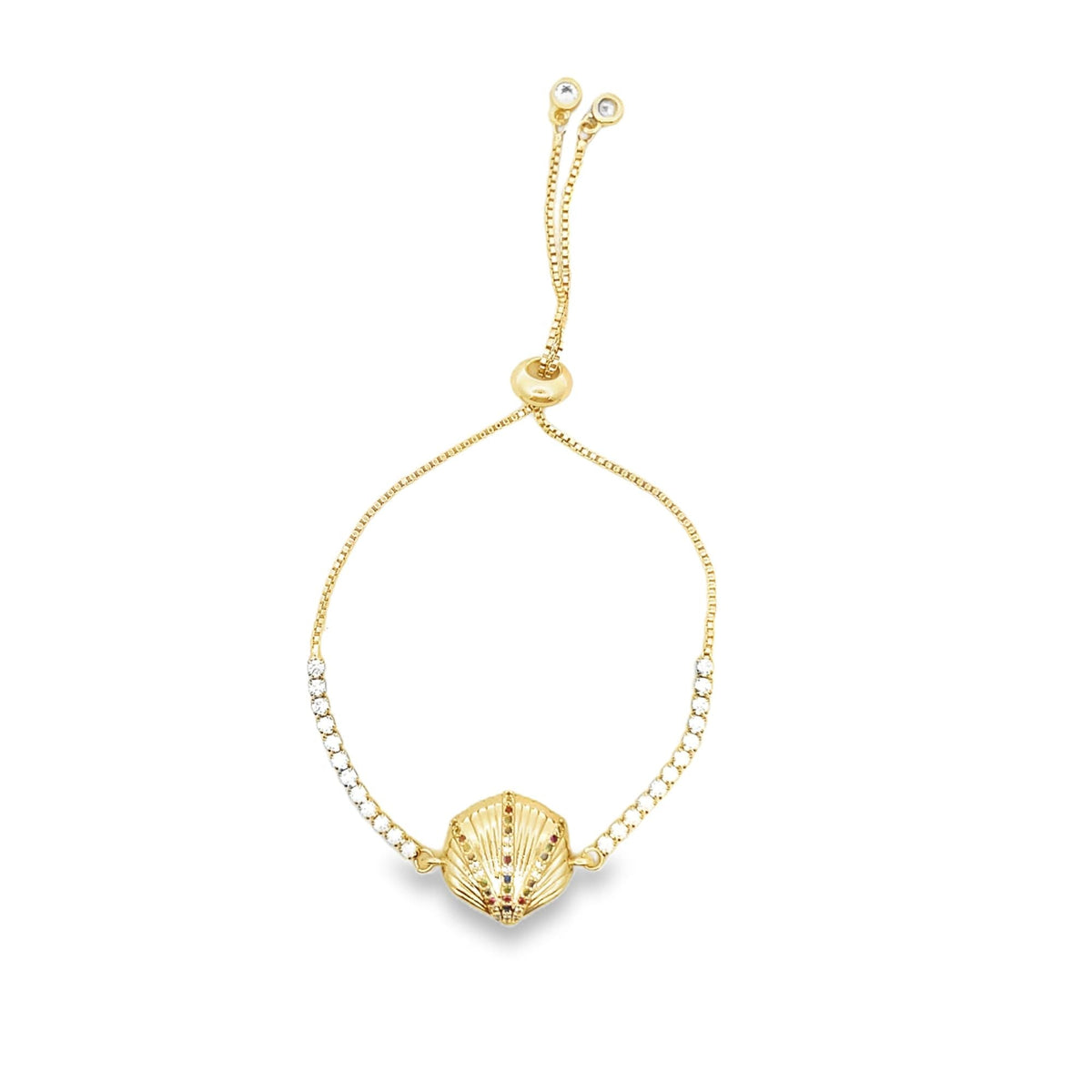 18K gold-filled adjustable box chain bracelet by MIA Jewelry featuring clear and multicolor CZ stones and a sea shell charm.