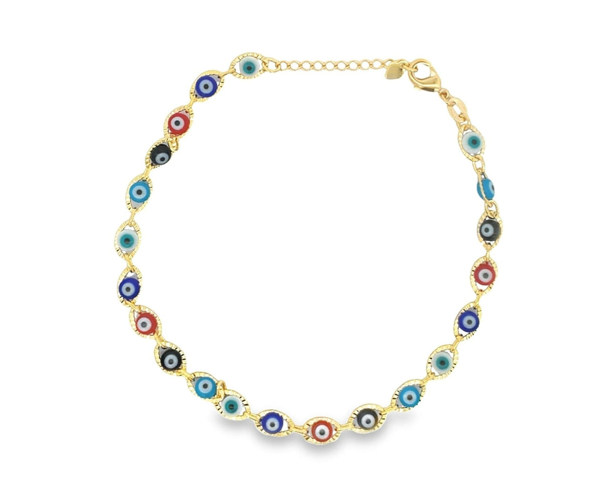Colorful evil eye charms anklet with 18K gold filled chain from MIA Jewelry, featuring vibrant multi-color beads and intricate design.