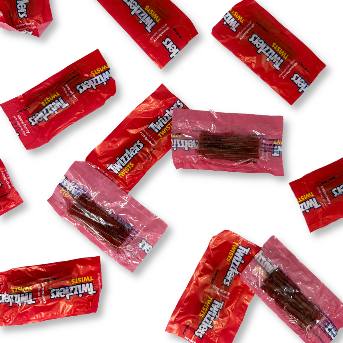 Assorted Twizzlers Strawberry Twist licorice candies in a bulk value bag, individually wrapped, from Candy In Bulk.